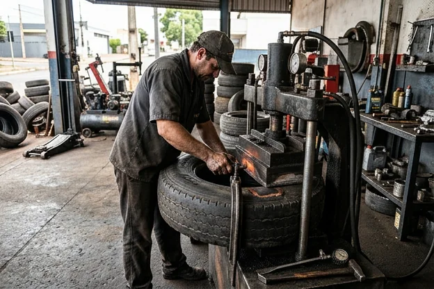 Pneus sendo vulcanizados em uma borracharia em Cascavel.