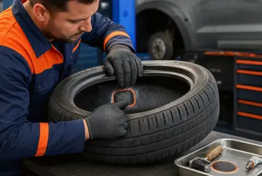 Profissional consertando um pneu em uma borracharia em Cascavel.