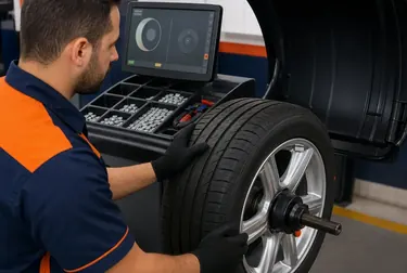 Técnico balanceando rodas em uma borracharia em Cascavel.