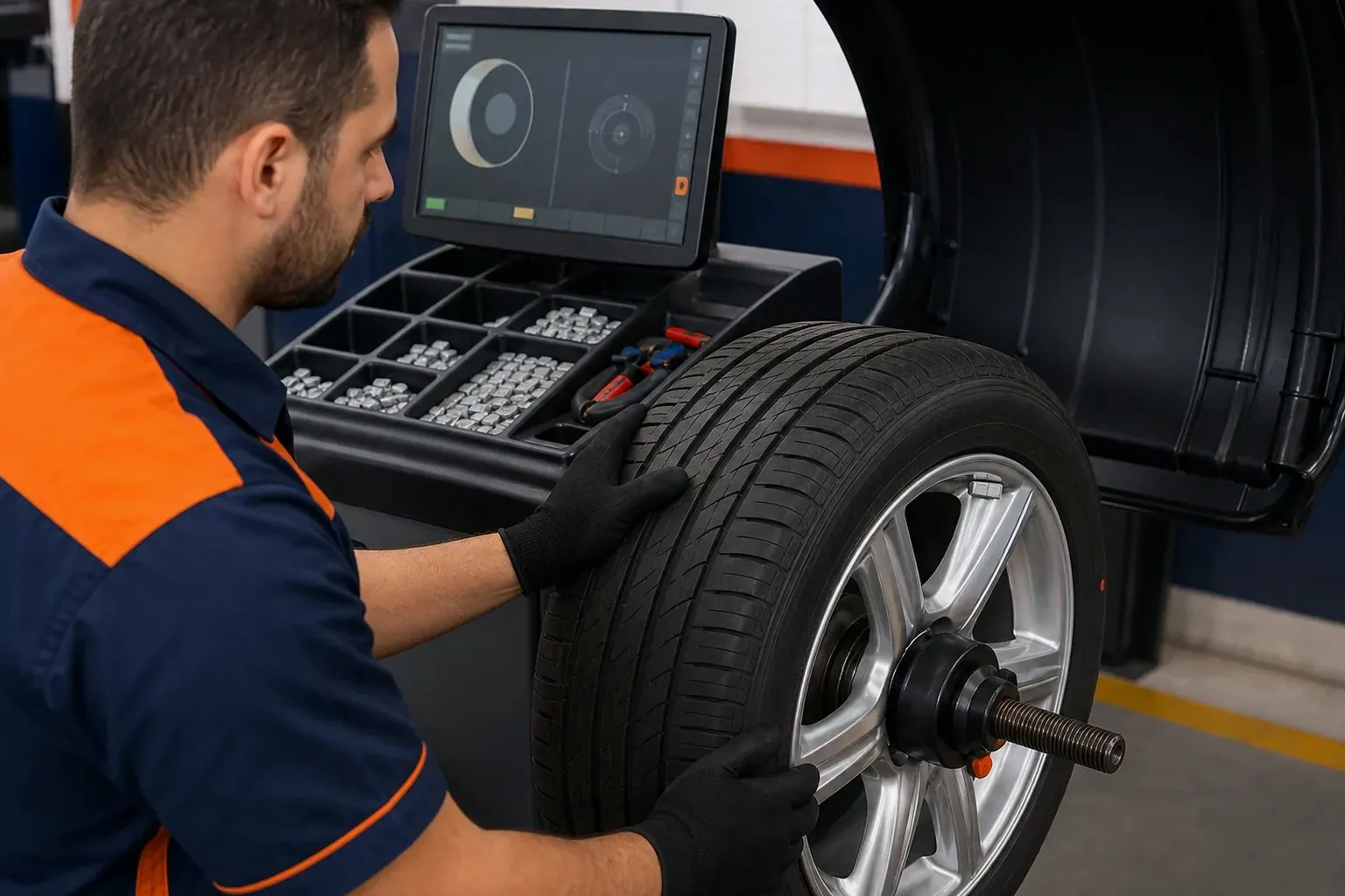 Técnico balanceando rodas em uma borracharia em Cascavel.