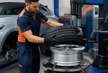Técnico realizando a troca de um pneu em uma borracharia em Cascavel.